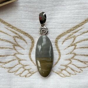Large Sterling Silver Polychrome Jasper Oval Stone Pendant - Gray and Brown